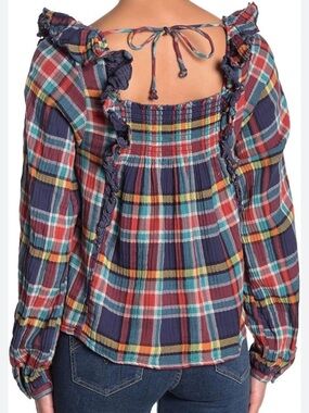We The Free Navy Plaid Ruffle Trim Sleeveless Top